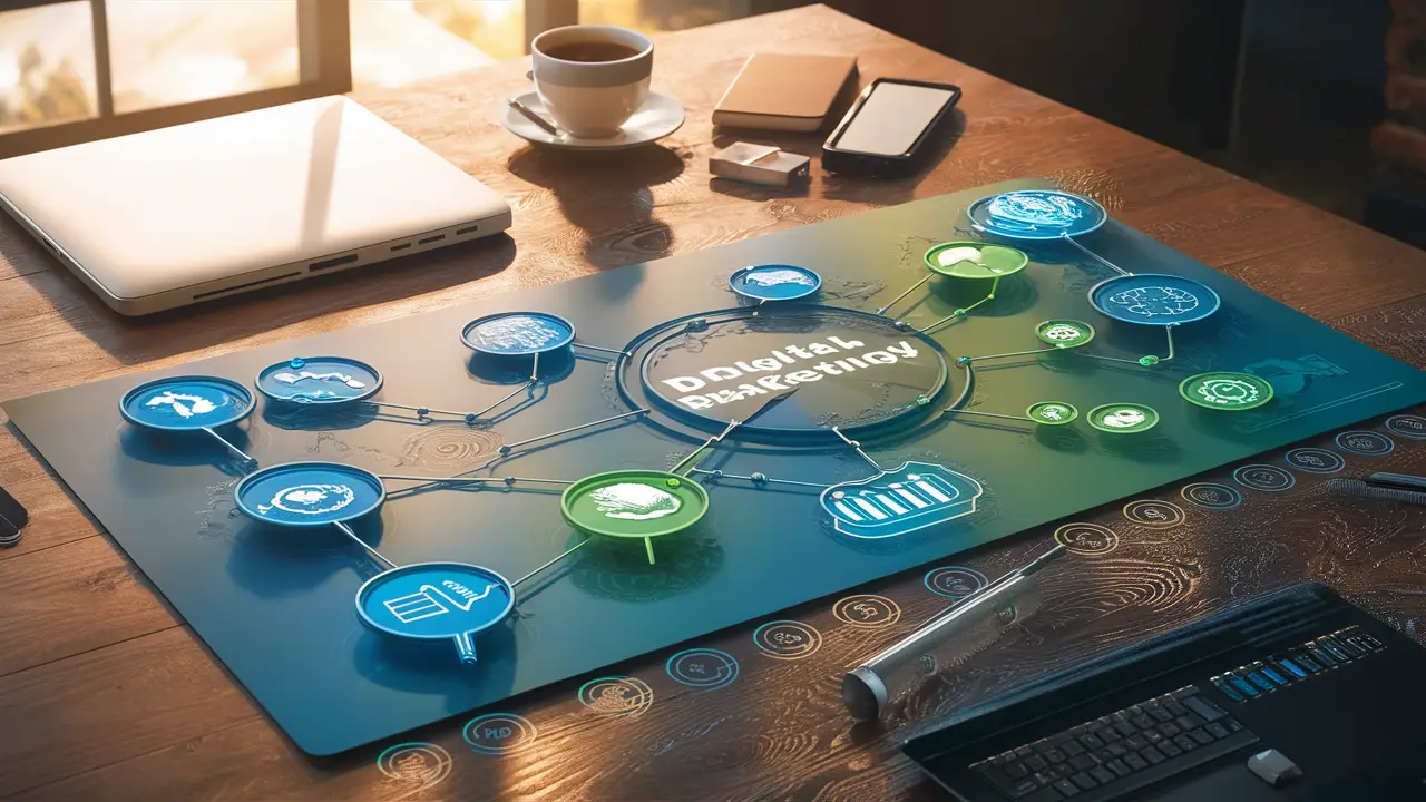 Estratégia de marketing digital com ícones de SEO em azul e verde em uma mesa de madeira.