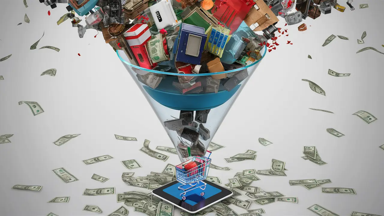 Funil de vidro transparente com produtos no topo e carrinho de compras digital na base, cercado por notas de dólar.