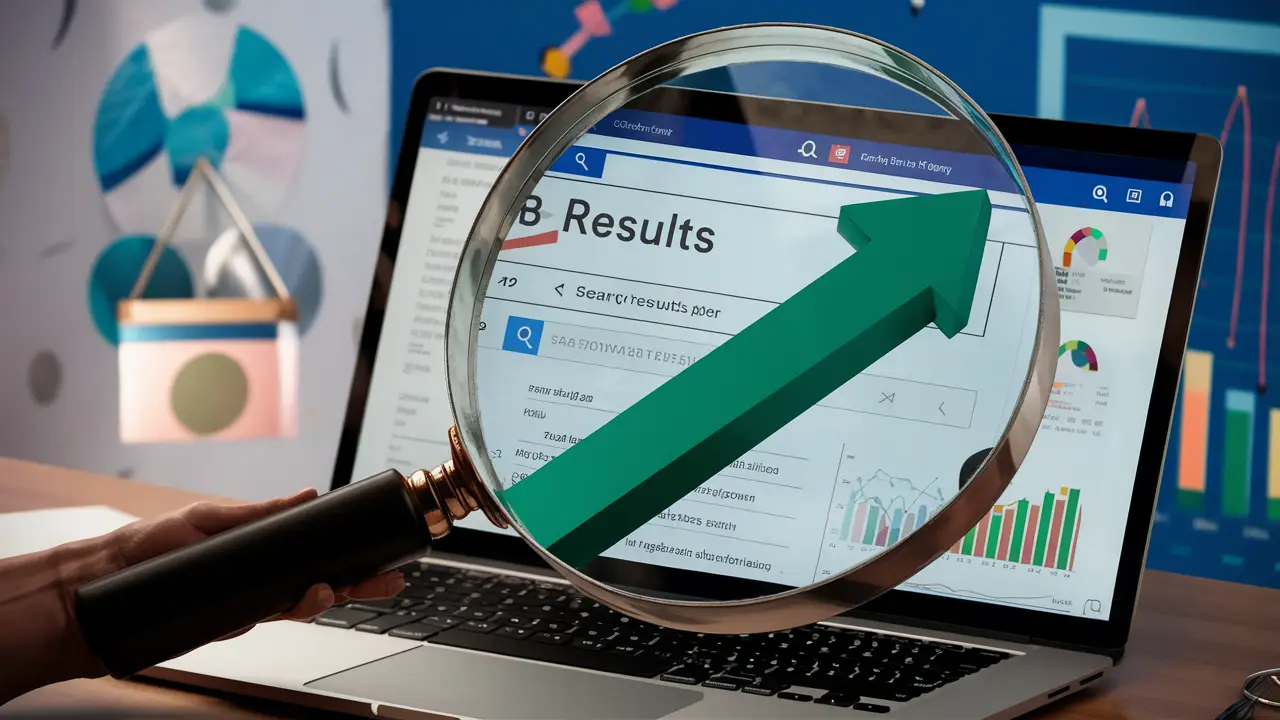 Lupa ampliando resultados de pesquisa em tela de laptop com seta verde para cima e gráficos no fundo.